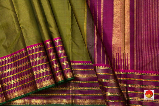 Mehandi Green Dual Shade Kanchipuram Silk Saree With Magenta Border Handwoven Pure Silk Pure Zari Light Weight For Weddings - PV J 7265 - Silk Sari - Panjavarnam