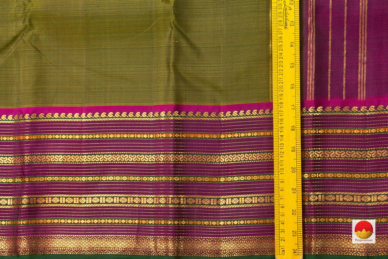 Mehandi Green Dual Shade Kanchipuram Silk Saree With Magenta Border Handwoven Pure Silk Pure Zari Light Weight For Weddings - PV J 7265 - Silk Sari - Panjavarnam
