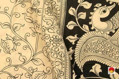 Monochrome Handpainted Kalamkari Saree With Peacock Pallu Chennuri Silk Organic Dyes PKM 562 - Kalamkari Silk - Panjavarnam