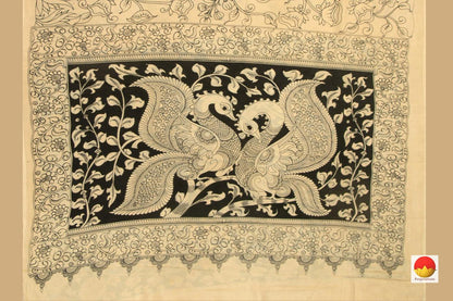 Monochrome Handpainted Kalamkari Saree With Peacock Pallu Chennuri Silk Organic Dyes PKM 562 - Kalamkari Silk - Panjavarnam