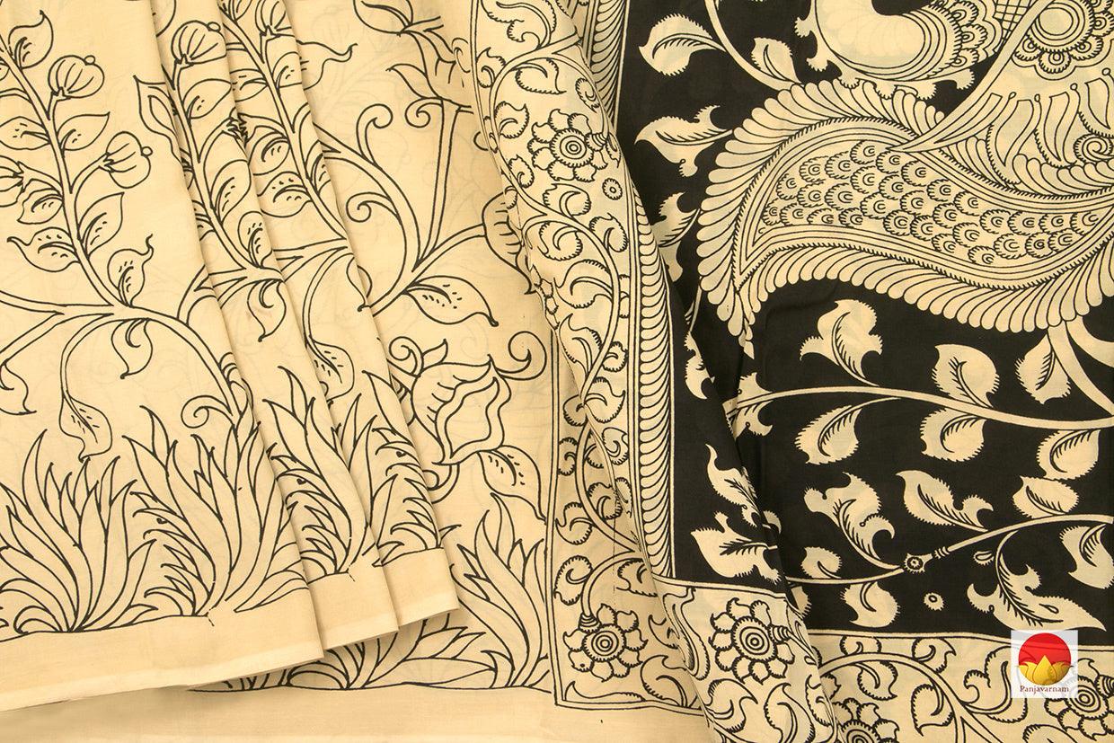 Monochrome Handpainted Kalamkari Saree With Peacock Pallu Chennuri Silk Organic Dyes PKM 562 - Kalamkari Silk - Panjavarnam PKM 562