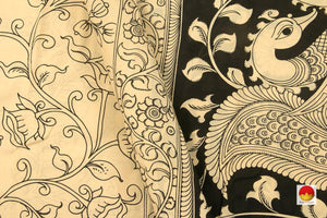 Monochrome Handpainted Kalamkari Saree With Peacock Pallu Chennuri Silk Organic Dyes PKM 562 - Kalamkari Silk - Panjavarnam PKM 562