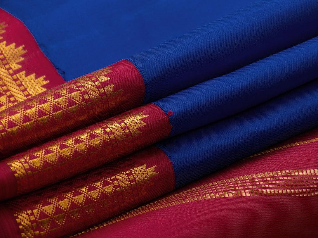 MS Blue And Red 9 Yards Kanchipuram Silk Saree Handwoven Pure Silk Pure Zari For Wedding Wear PV NYC 762 - 9 yards silk saree - Panjavarnam