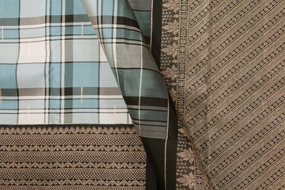 Multi Coloured Checks And Black Kanchipuram Silk Saree With Medium Border Handwoven Pure Silk For Party Wear PV NYC 1008 - Silk Sari - Panjavarnam