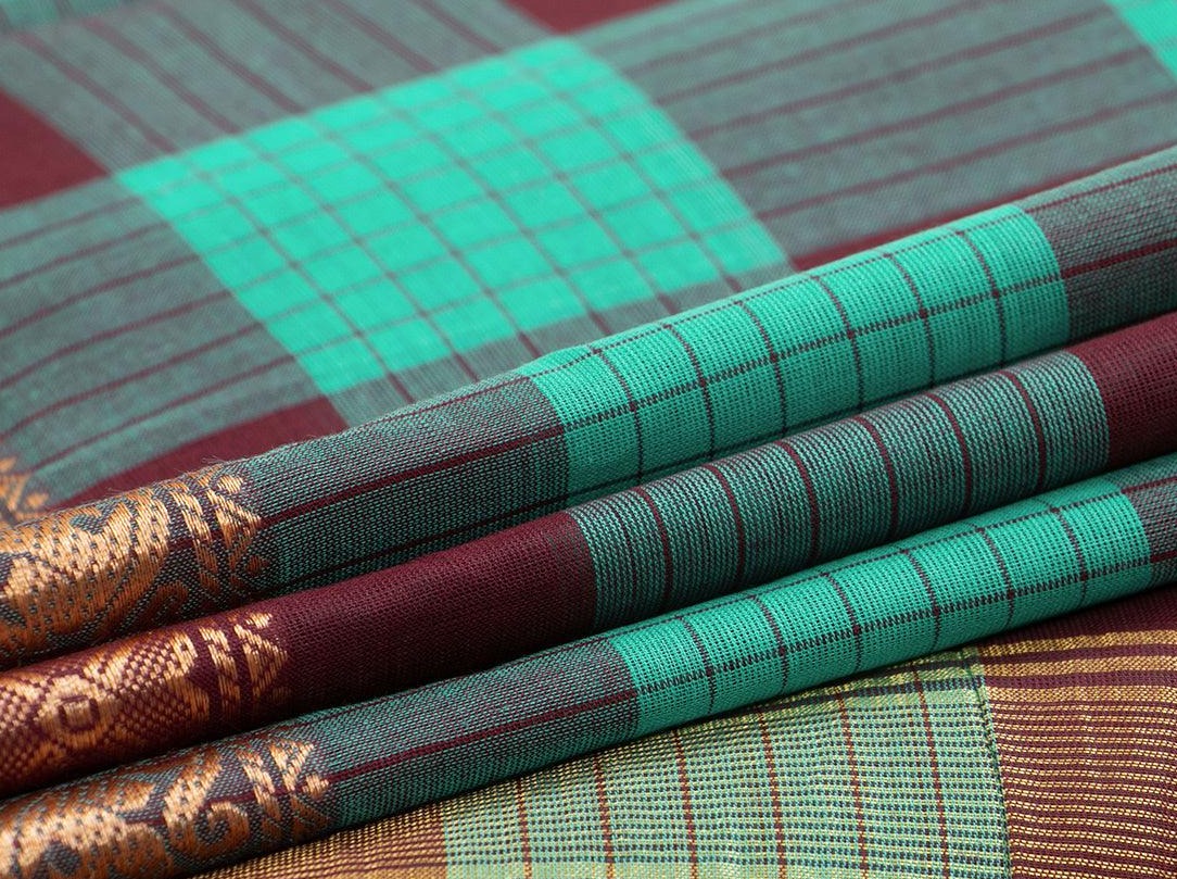 Multi Coloured Checks Chettinad Cotton Saree With Zari Border For Casual Wear PV CC 134 - Cotton Saree - Panjavarnam PV CC 134