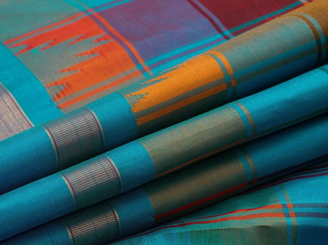 MultiColoured Checks Kanchipuram Silk Saree Handwoven Pure Silk For Office Wear PV KNN 132 - Silk Sari - Panjavarnam PV KNN 132