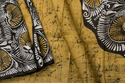 Mustard And Black Borderless Lightweight Batik Silk Saree Handwoven Pure Silk For Party Wear PB 334 - Batik Silk - Panjavarnam