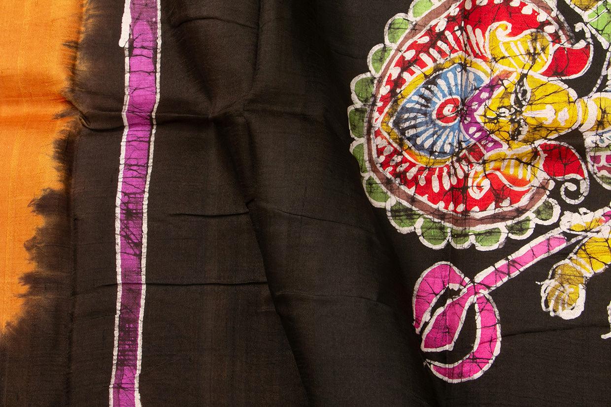 Mustard And Black Handwoven Pure Silk For Office Wear PB 317 - Linen Sari - Panjavarnam PB 317