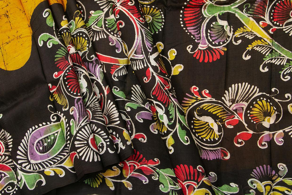 Mustard And Black Lightweight Batik Silk Saree Handwoven Pure Silk For Office Wear PB 332 - Batik Silk - Panjavarnam