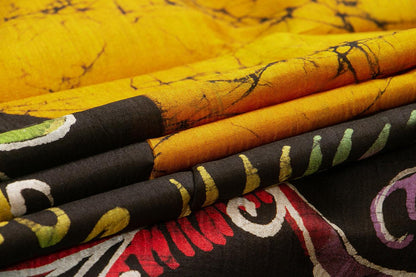 Mustard And Black Lightweight Batik Silk Saree Handwoven Pure Silk For Office Wear PB 332 - Batik Silk - Panjavarnam