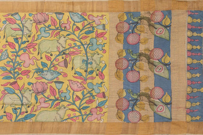 Mustard And Blue Kalamkari Tussar Silk Saree Handpainted Floral Patterns Organic Vegetable Dyes PT K VSR 110 - Kalamkari Silk - Panjavarnam PT K VSR 110