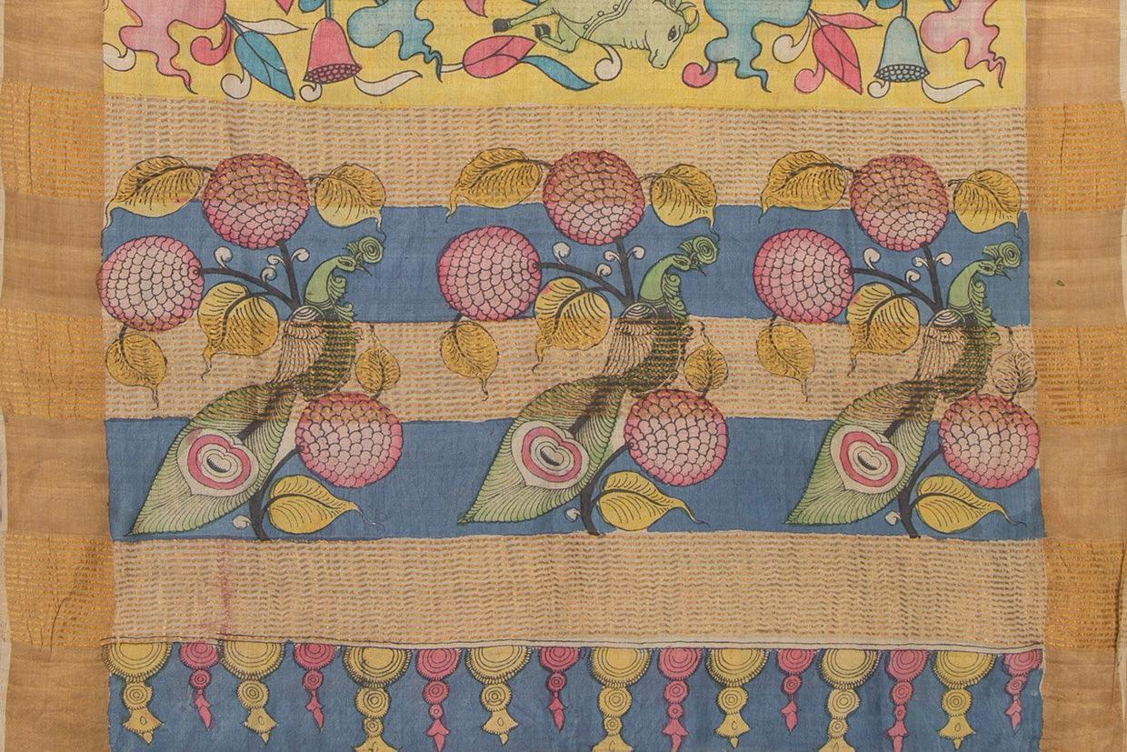 Mustard And Blue Kalamkari Tussar Silk Saree Handpainted Floral Patterns Organic Vegetable Dyes PT K VSR 110 - Kalamkari Silk - Panjavarnam PT K VSR 110