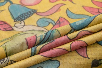Mustard And Blue Kalamkari Tussar Silk Saree Handpainted Floral Patterns Organic Vegetable Dyes PT K VSR 110 - Kalamkari Silk - Panjavarnam PT K VSR 110