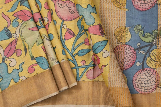 Mustard And Blue Kalamkari Tussar Silk Saree Handpainted Floral Patterns Organic Vegetable Dyes PT K VSR 110 - Kalamkari Silk - Panjavarnam PT K VSR 110