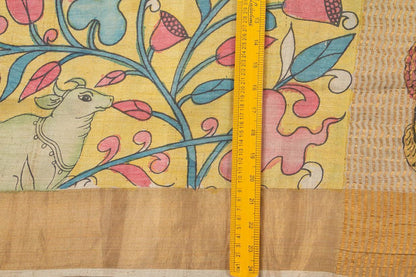 Mustard And Blue Kalamkari Tussar Silk Saree Handpainted Floral Patterns Organic Vegetable Dyes PT K VSR 110 - Kalamkari Silk - Panjavarnam PT K VSR 110