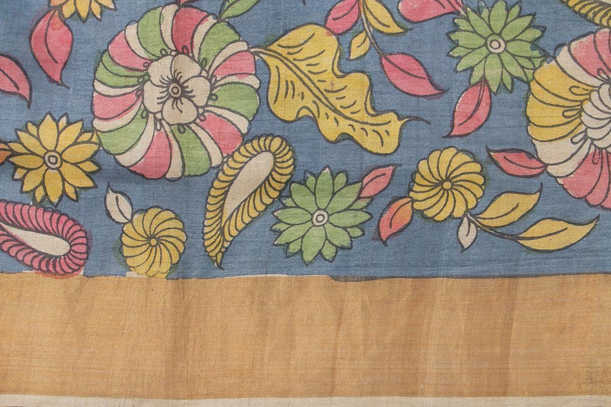 Mustard And Blue Kalamkari Tussar Silk Saree Handpainted Floral Patterns Organic Vegetable Dyes PT K VSR 110 - Kalamkari Silk - Panjavarnam PT K VSR 110