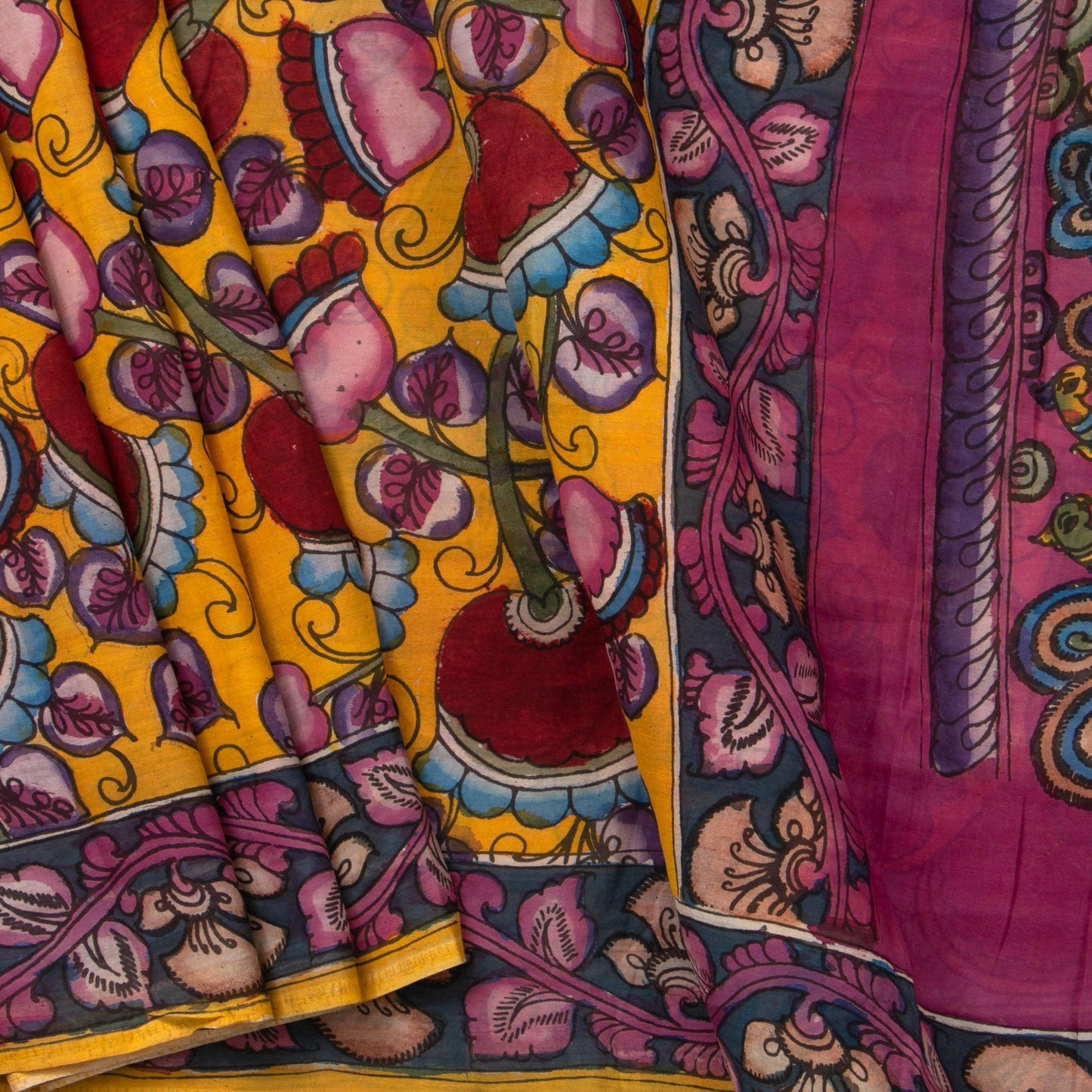 Mustard And Maroon Kalamkari Bangalore Silk Saree Handpainted Organic Dyes For Office Wear PKBS 582 - Kalamkari Silk - Panjavarnam PKBS 582