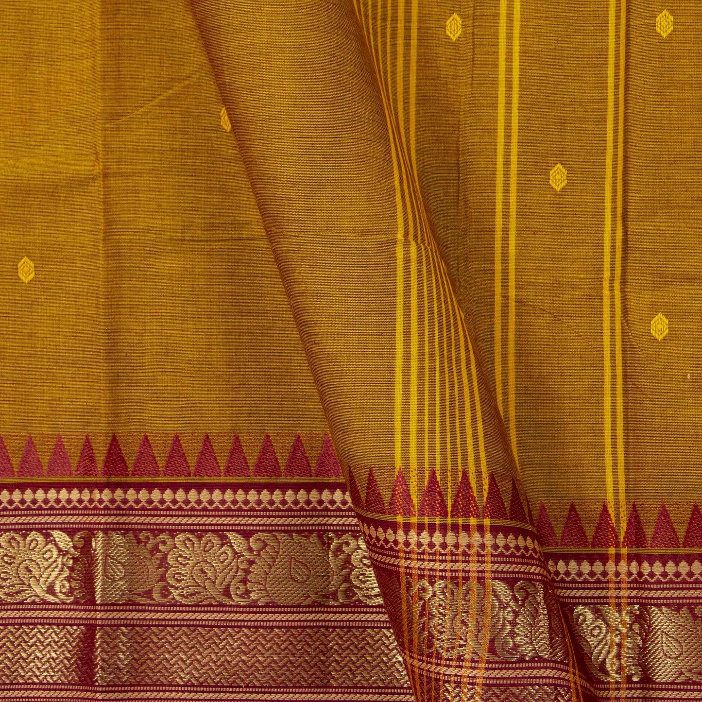 Mustard And Maroon Kanchi Cotton Saree PV MM KC 226 - Cotton Saree - Panjavarnam PV MM KC 226