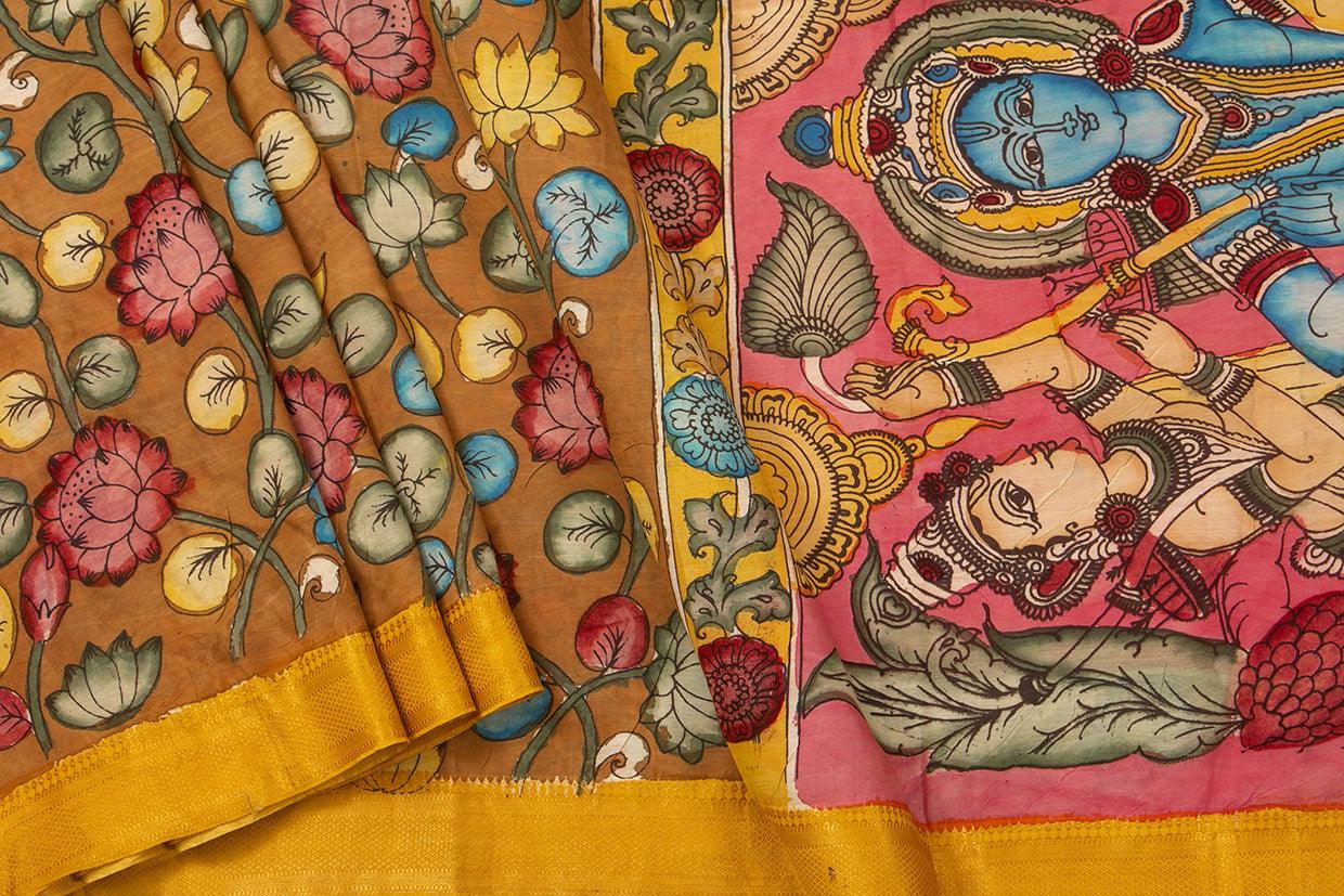 Mustard And Pink Handpainted Kalamkari Mangalgiri Silk Saree Organic Dyes For Office Wear PKMS 63 - - Panjavarnam