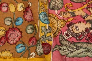 Mustard And Pink Handpainted Kalamkari Mangalgiri Silk Saree Organic Dyes For Office Wear PKMS 63 - - Panjavarnam PKMS 63