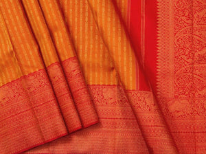 Mustard And Red Dual Shade Kanchipuram Silk Saree With Red Korvai Border And Antique Gold Zari Handwoven Pure Silk Pure Zari For Wedding Wear PV NYC 640 - Silk Sari - Panjavarnam PV NYC 640