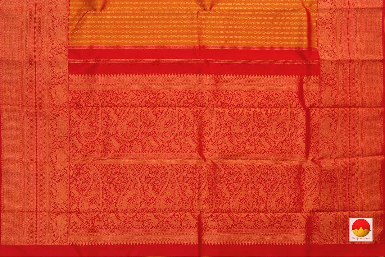 Mustard And Red Dual Shade Kanchipuram Silk Saree With Red Korvai Border And Antique Gold Zari Handwoven Pure Silk Pure Zari For Wedding Wear PV NYC 640 - Silk Sari - Panjavarnam PV NYC 640