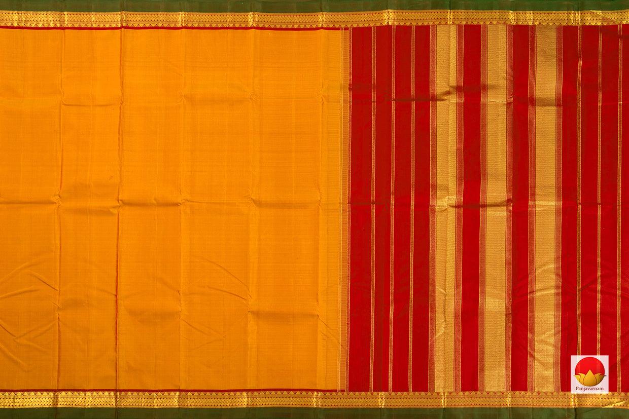 Mustard And Red Dual Shade Kanchipuram Silk Saree With Red Korvai Border Handwoven Pure Silk Pure Zari For Festive Wear PV J 6827 - Silk Sari - Panjavarnam