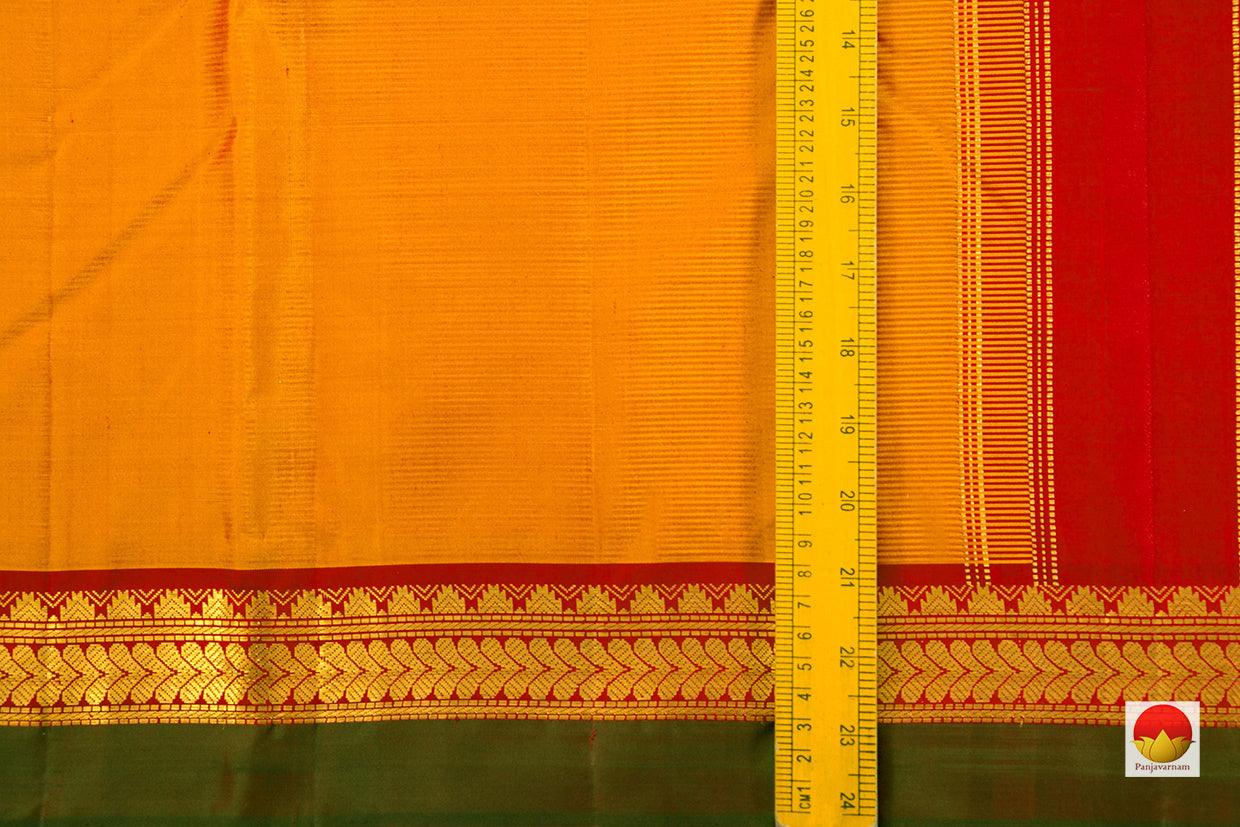 Mustard And Red Dual Shade Kanchipuram Silk Saree With Red Korvai Border Handwoven Pure Silk Pure Zari For Festive Wear PV J 6827 - Silk Sari - Panjavarnam