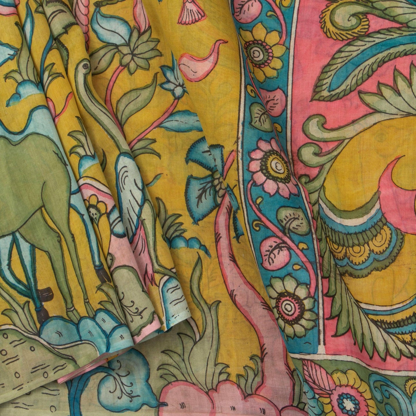 Mustard Kalamkari Bangalore Silk Saree Handpainted Organic Dyes For Office Wear PKBS 580 - Kalamkari Silk - Panjavarnam PKBS 580