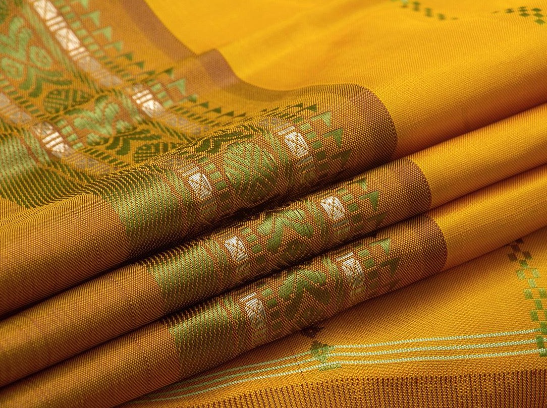 Mustard Kanchipuram Silk Saree With Veldhari Stripes Handwoven Pure Silk No Zari For Office Wear PV SA 2031 - Silk Sari - Panjavarnam