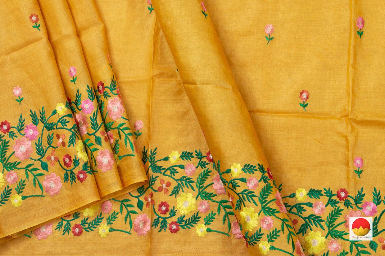 Mustard Yellow Pure Tussar Silk Saree With Embroidery Border For Casual Wear PT 753 - Tussar Silk - Panjavarnam PT 753