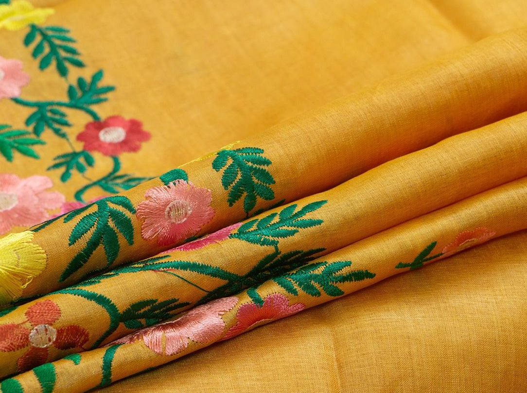 Mustard Yellow Pure Tussar Silk Saree With Embroidery Border For Casual Wear PT 753 - Tussar Silk - Panjavarnam PT 753