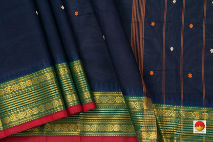 Navy Blue And Green Chettinad Cotton Saree For Casual Wear PV CC 153 - Cotton Saree - Panjavarnam PV CC 153