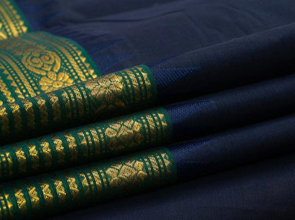 Navy Blue And Green Chettinad Cotton Saree For Casual Wear PV CC 153 - Cotton Saree - Panjavarnam PV CC 153