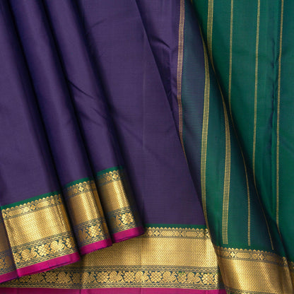 Navy Blue And Green Kanjivaram Silk Saree With Medium Border Handwoven Pure Silk For Festive Wear PV J 2936 - Silk Sari - Panjavarnam PV J 2936