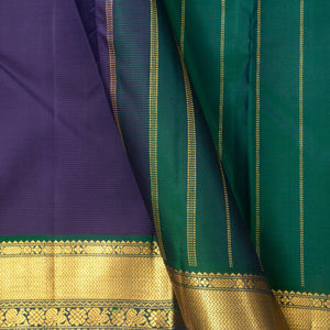 Navy Blue And Green Kanjivaram Silk Saree With Medium Border Handwoven Pure Silk For Festive Wear PV J 2936 - Silk Sari - Panjavarnam PV J 2936