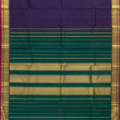 Navy Blue And Green Kanjivaram Silk Saree With Medium Border Handwoven Pure Silk For Festive Wear PV J 2936 - Silk Sari - Panjavarnam PV J 2936