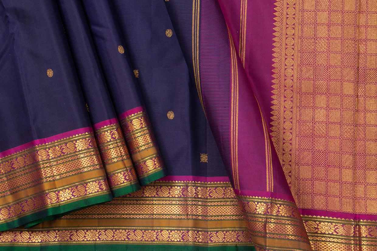 Navy Blue And Magenta Kanchipuram Silk Saree With Medium Border Handwoven Pure Silk For Wedding Wear PV J 392 - Silk Sari - Panjavarnam PV J 392