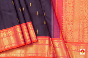 Navy Blue And Pink Kanchipuram Silk Saree With Medium Border Handwoven Pure Silk For Wedding Wear PV J 219 A - Silk Sari - Panjavarnam PV J 219 A