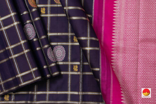 Navy Blue Borderless Kanchipuram Silk Saree With Silver Checks Handwoven Pure Silk Pure Zari For Wedding Wear PV NYC 917 - Silk Sari - Panjavarnam