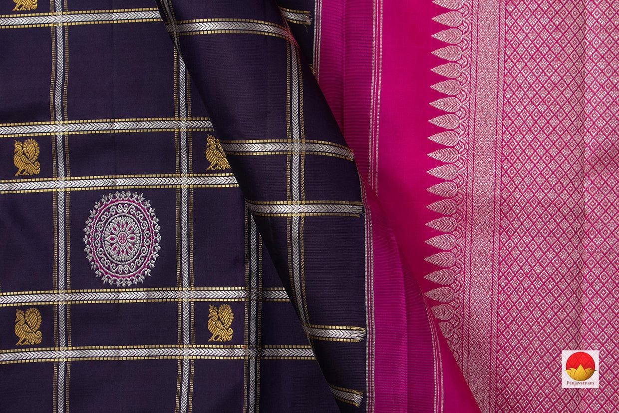 Navy Blue Borderless Kanchipuram Silk Saree With Silver Checks Handwoven Pure Silk Pure Zari For Wedding Wear PV NYC 917 - Silk Sari - Panjavarnam