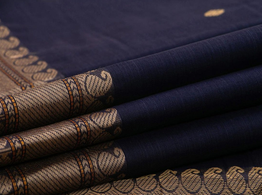 Navy Blue Kanchi Cotton Saree With Butta And Silk Thread Border For Office Wear PV KC 375 - Cotton Saree - Panjavarnam PV KC 375