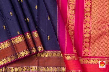 Navy Blue Kanchipuram Silk Saree Handwoven Pure Silk Pure Zari For Wedding Wear PV NYC 929 - Silk Sari - Panjavarnam PV NYC 929