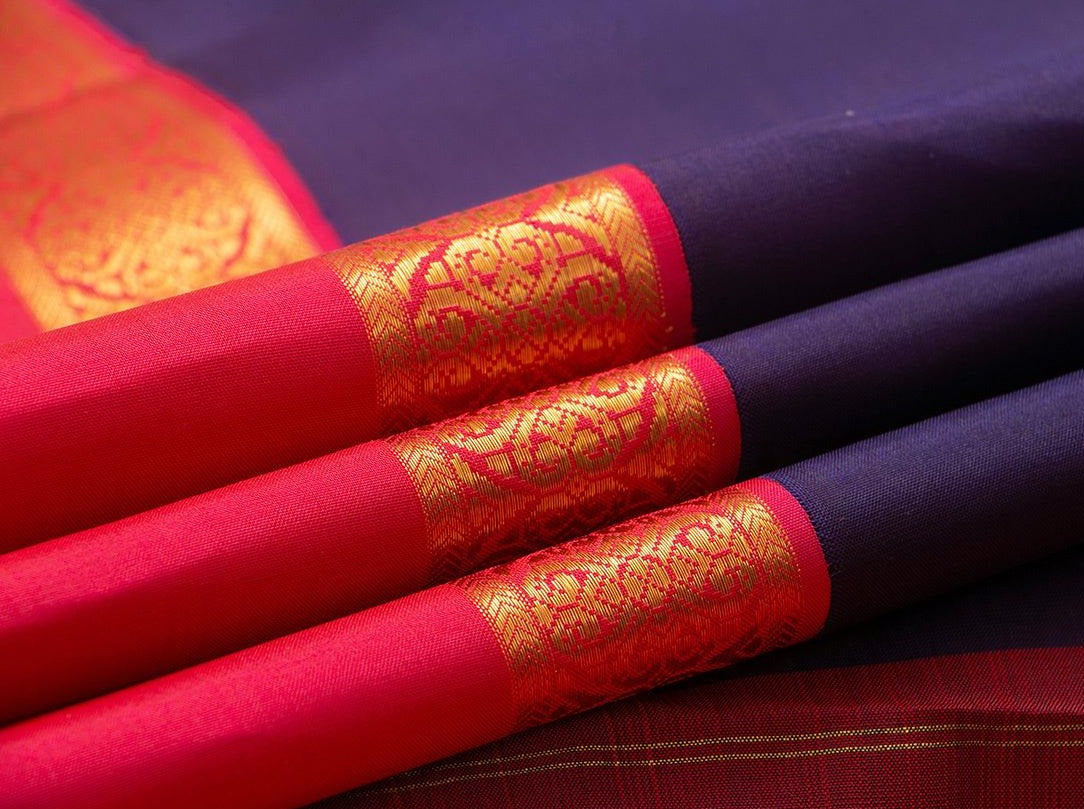 Navy Blue Kanchipuram Silk Saree With Pink Korvai Rettai Pettu Border Handwoven Pure Silk Pure Zari For Wedding Wear PV NYC 915 - Silk Sari - Panjavarnam