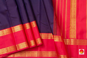 Navy Blue Kanchipuram Silk Saree With Pink Korvai Rettai Pettu Border Handwoven Pure Silk Pure Zari For Wedding Wear PV NYC 915 - Silk Sari - Panjavarnam PV NYC 915