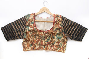 Off White And Black Kalamkari Readymade Blouse PV BL 002 - Blouse - Panjavarnam PV BL 002