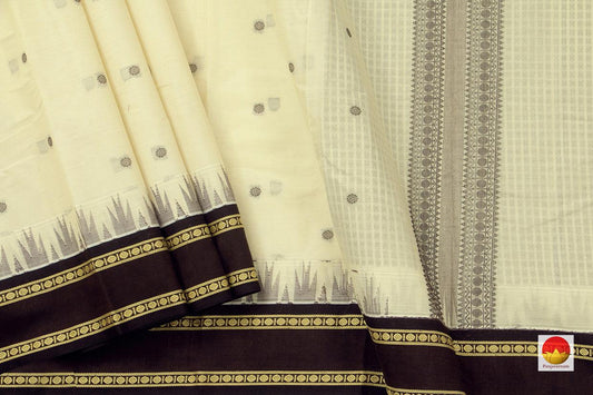 Off White And Black Kanchi Cotton Saree With Butta For Office Wear PV KC 411 - Cotton Saree - Panjavarnam