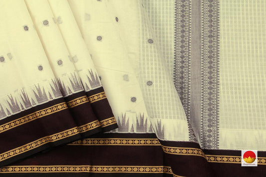 Off White And Black Kanchi Cotton Saree With Temple Border For Office Wear PV KC 410 - Cotton Saree - Panjavarnam