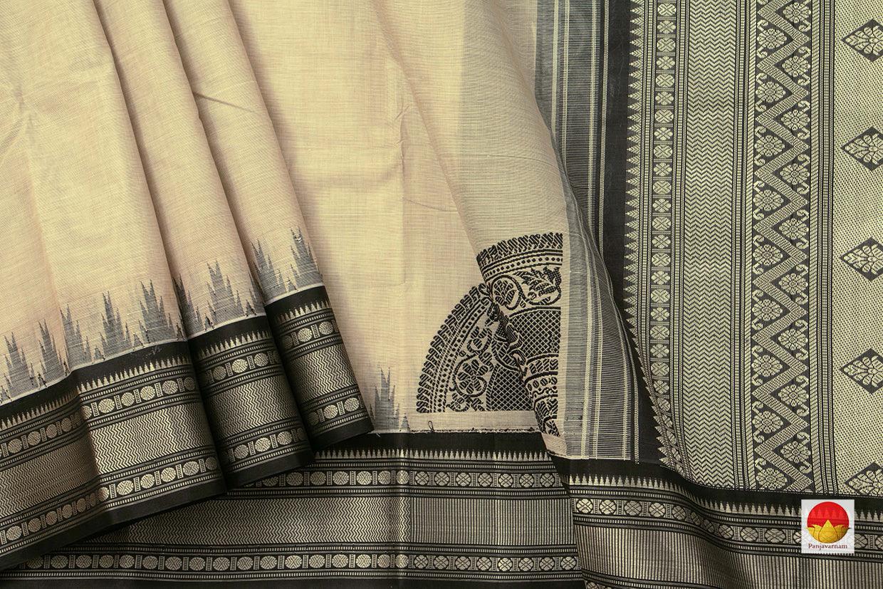 Off White And Black Kanchi Silkcotton Saree With Korvai Temple Border For Office Wear PV KSC 1233 - Silk Cotton - Panjavarnam