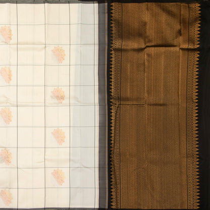 Off White And Black Kanchipuram Silk Saree Borderless Handwoven Pure Silk For Festive Wear PV NYC 1277 - Silk Sari - Panjavarnam PV NYC 1277